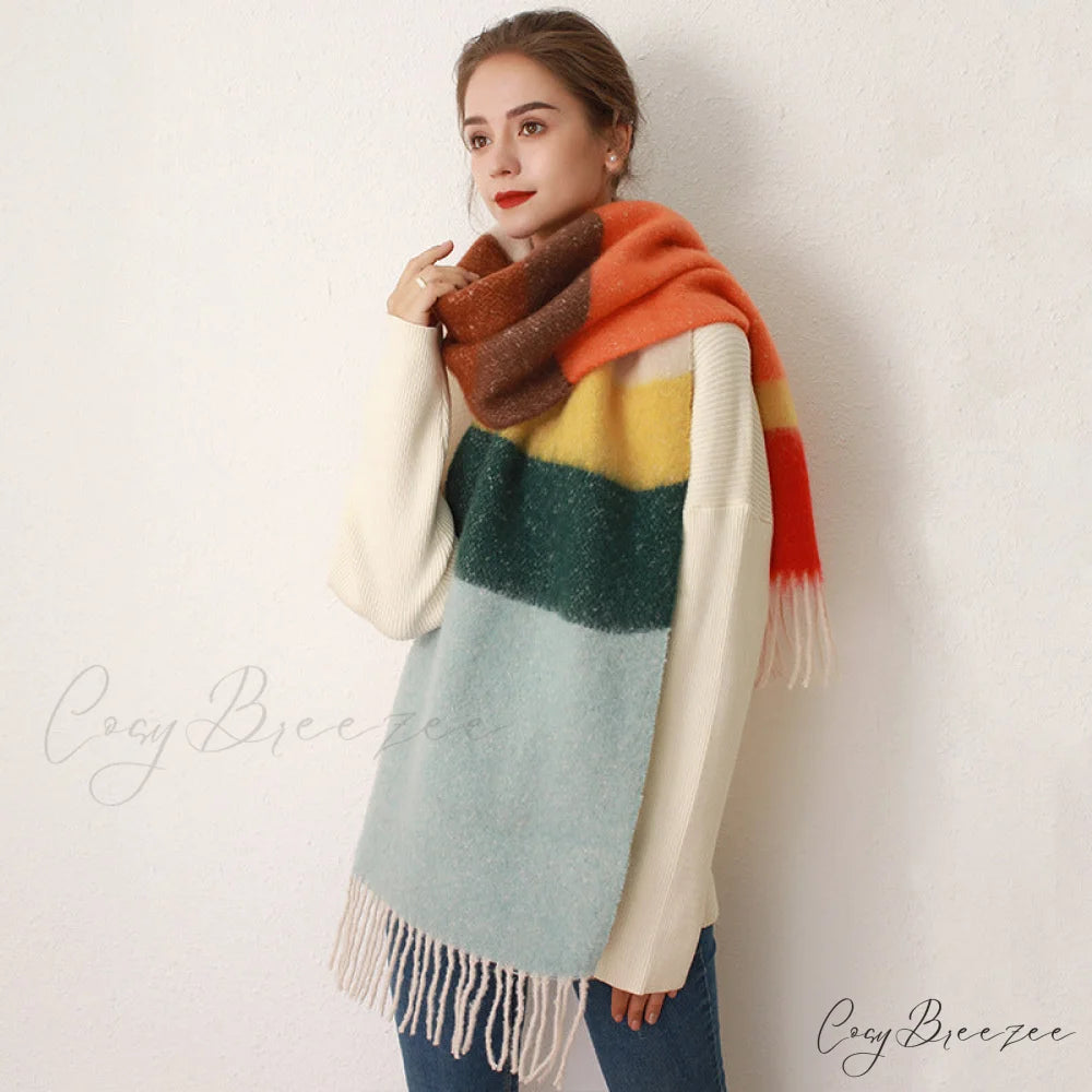 Thick Cozy Stylish Warm Trendy Classic Soft Color-blocked Scarf RED