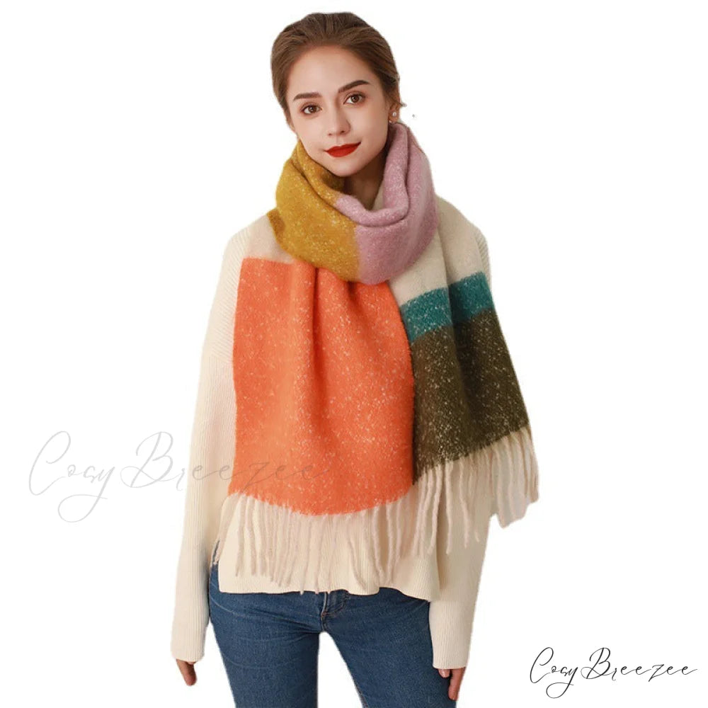 Thick Cozy Stylish Warm Trendy Classic Soft Color-blocked Scarf RED