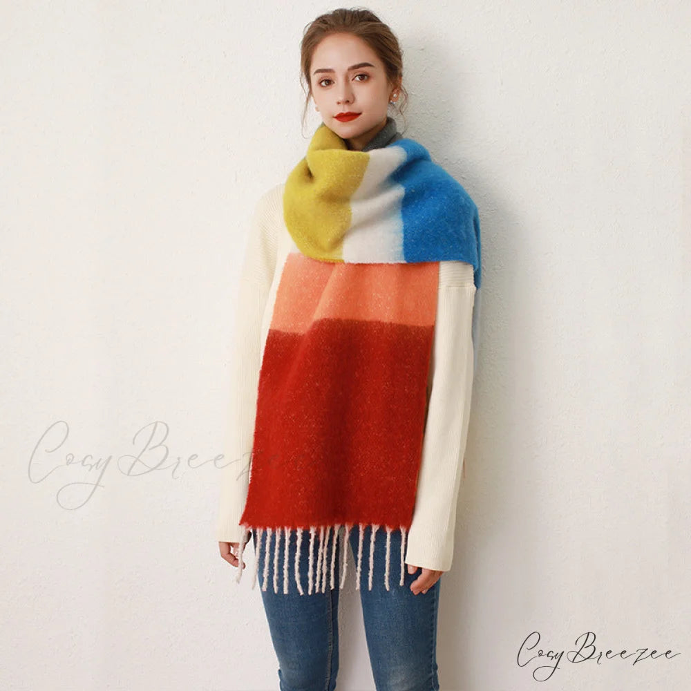 Thick Cozy Stylish Warm Trendy Classic Soft Color-blocked Scarf RED