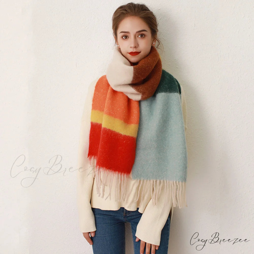 Thick Cozy Stylish Warm Trendy Classic Soft Color-blocked Scarf RED