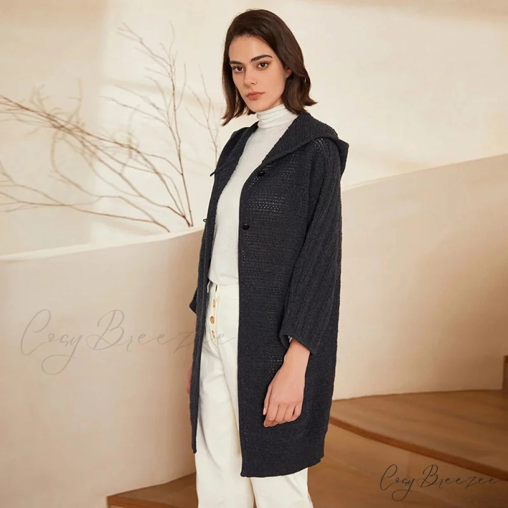 Thick Pure Wool Cozy Button Hooded Comfortable Stylish Warm Sweater Dark Grey / S
