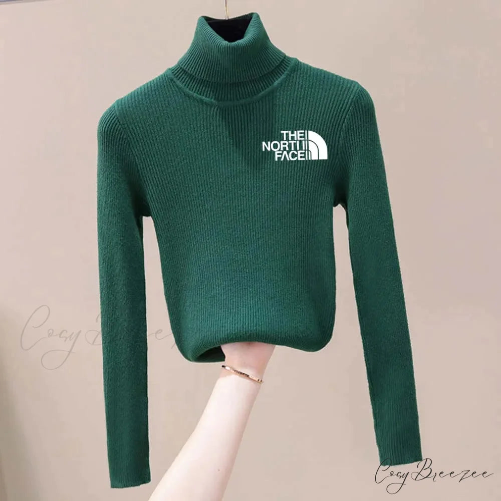Thick Ribbed Sweater Cotton Turtleneck Knit Pullover Top Dark green white / One Size knittop-250126
