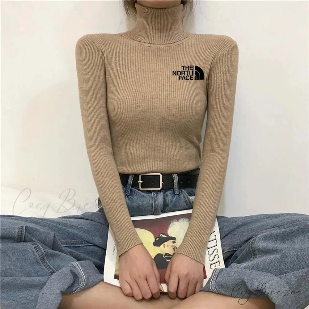 Thick Ribbed Sweater Cotton Turtleneck Knit Pullover Top khaki black / One Size knittop-250126