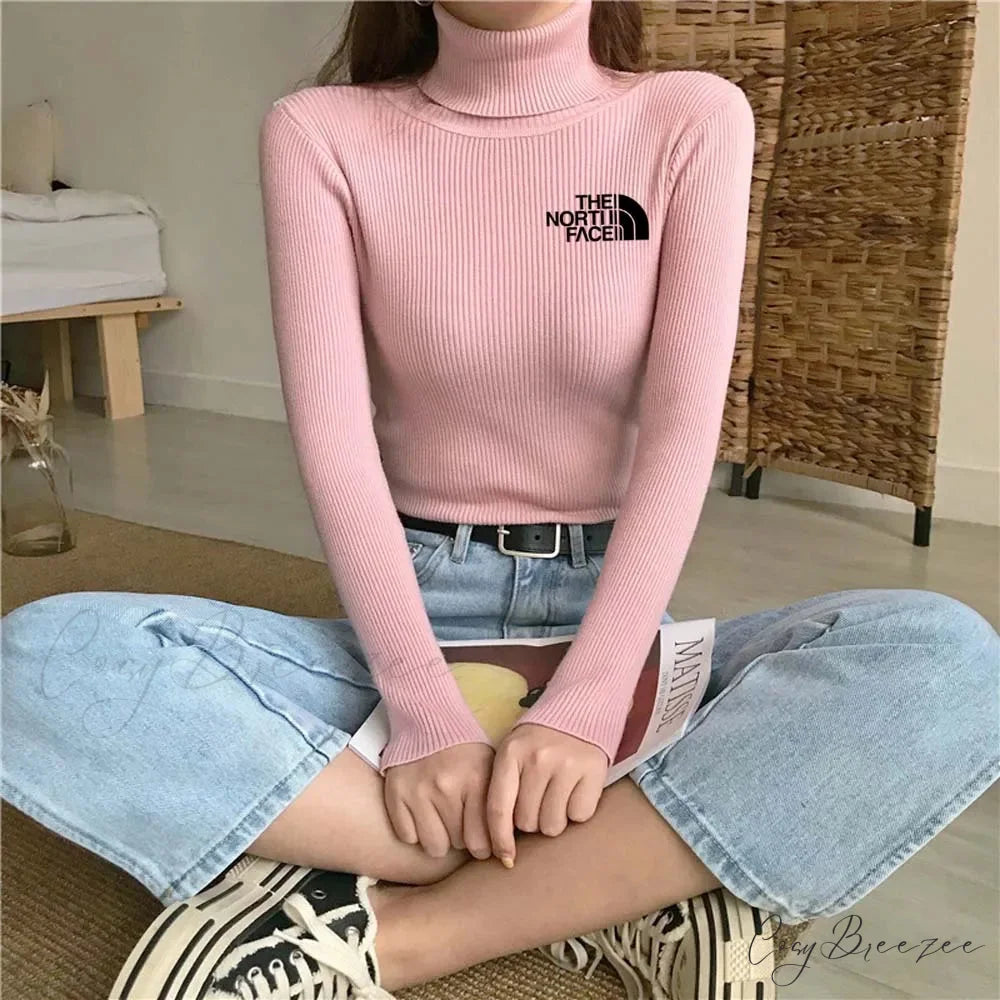 Thick Ribbed Sweater Cotton Turtleneck Knit Pullover Top pink black / One Size knittop-250126