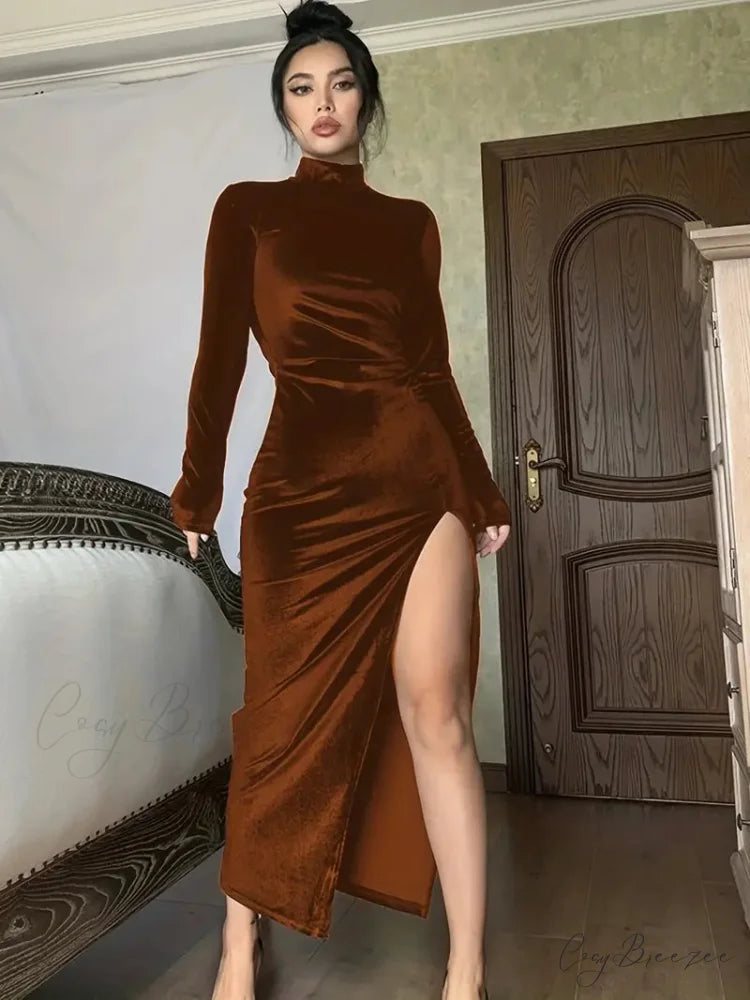 Thigh Split Ruched High Collar Long Sleeve Party Dress S / Coffee