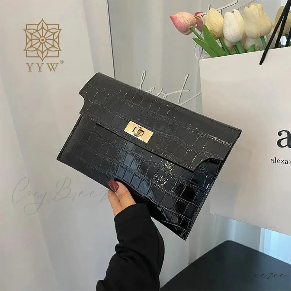 Thin Envelope Crocodile Pattern Clutch Black wristlet-250126