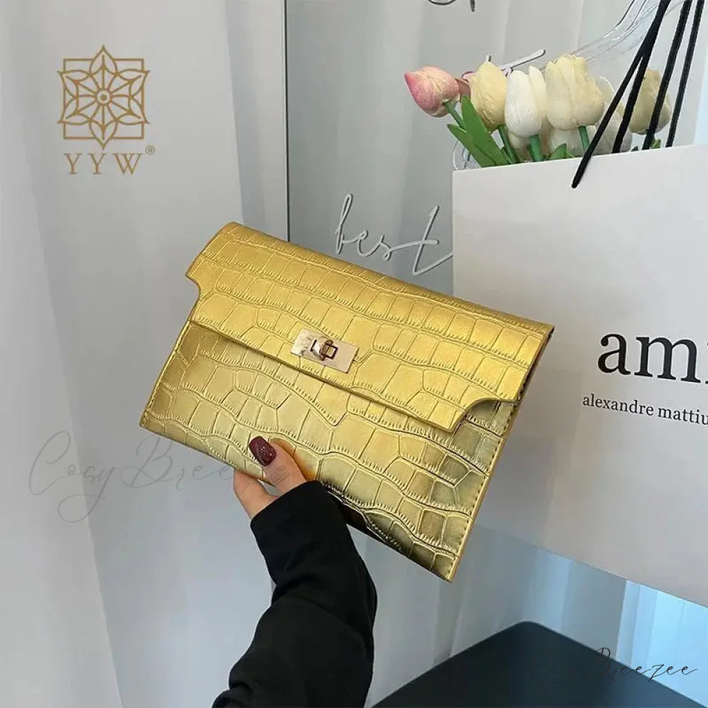 Thin Envelope Crocodile Pattern Clutch Gold wristlet-250126