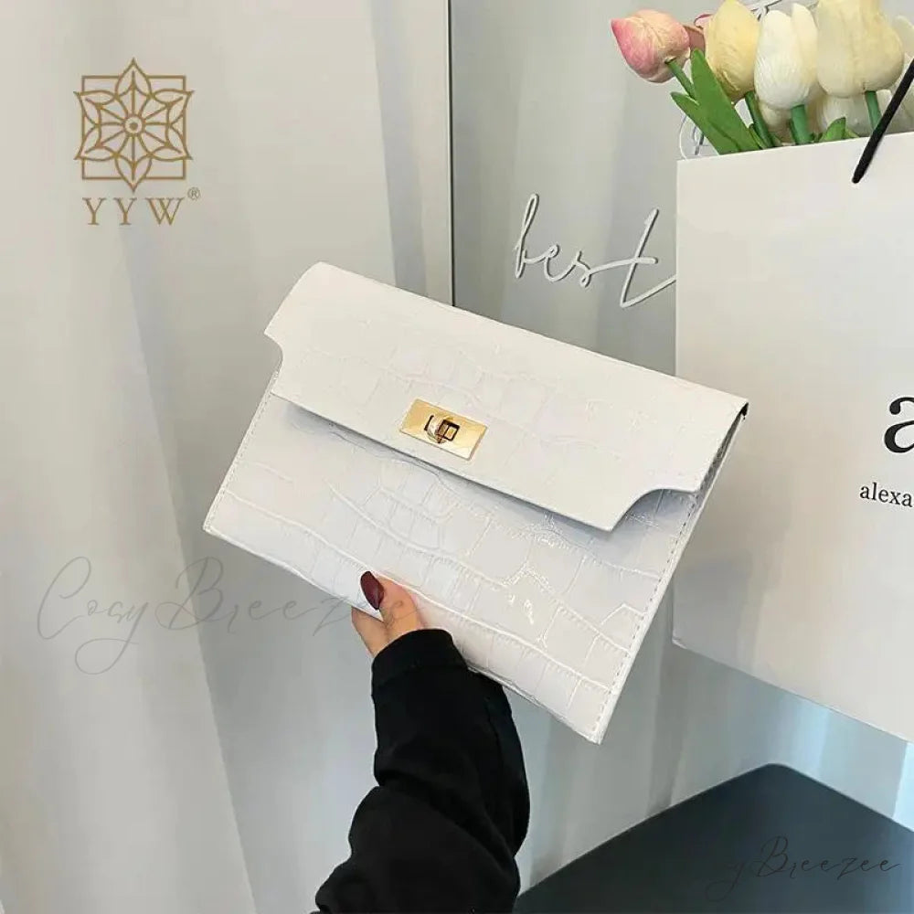 Thin Envelope Crocodile Pattern Clutch White wristlet-250126