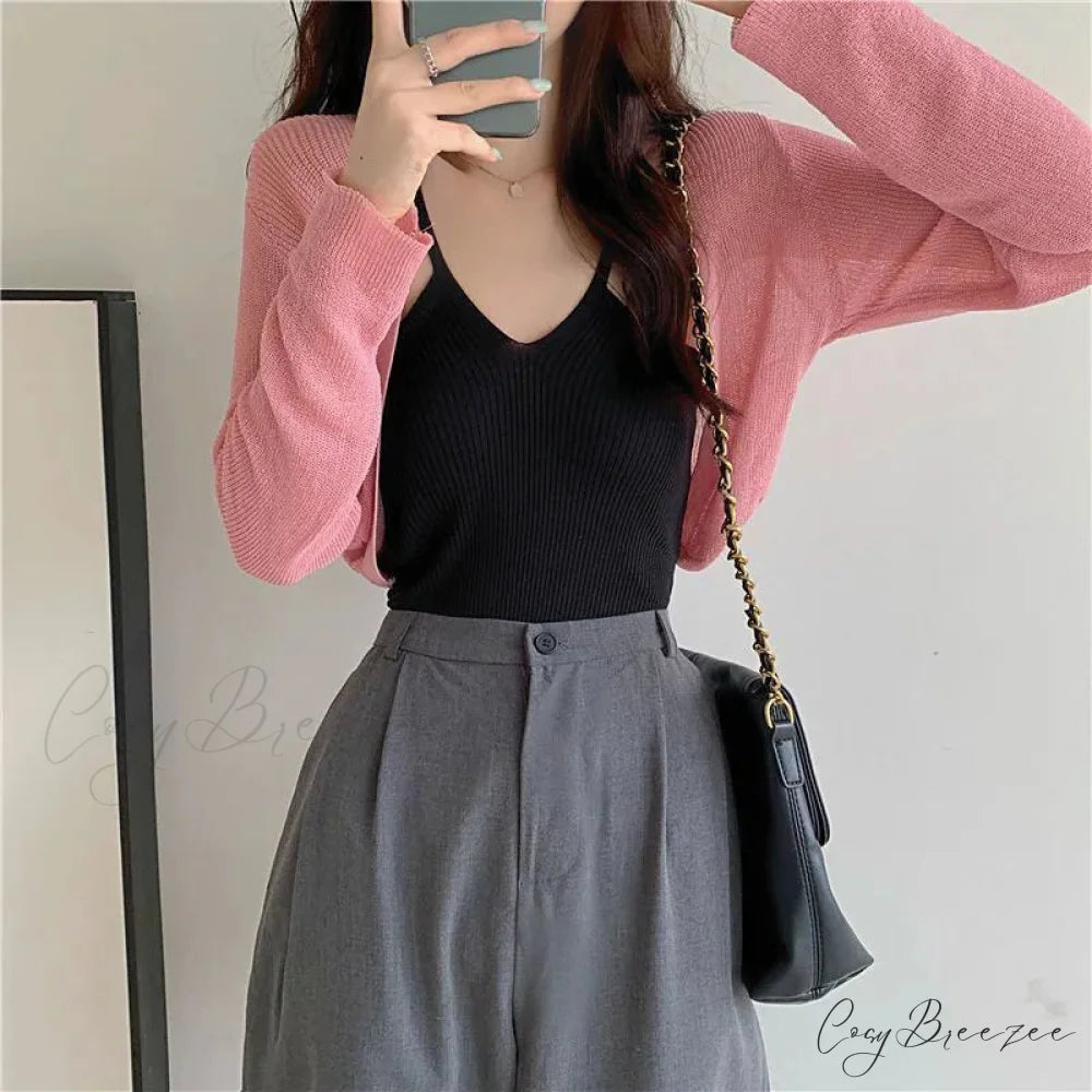 Thin Long Sleeve Sunscreen Cropped Solid Knit Cardigan Pink / One Size 35-60kg cardiagn-250126