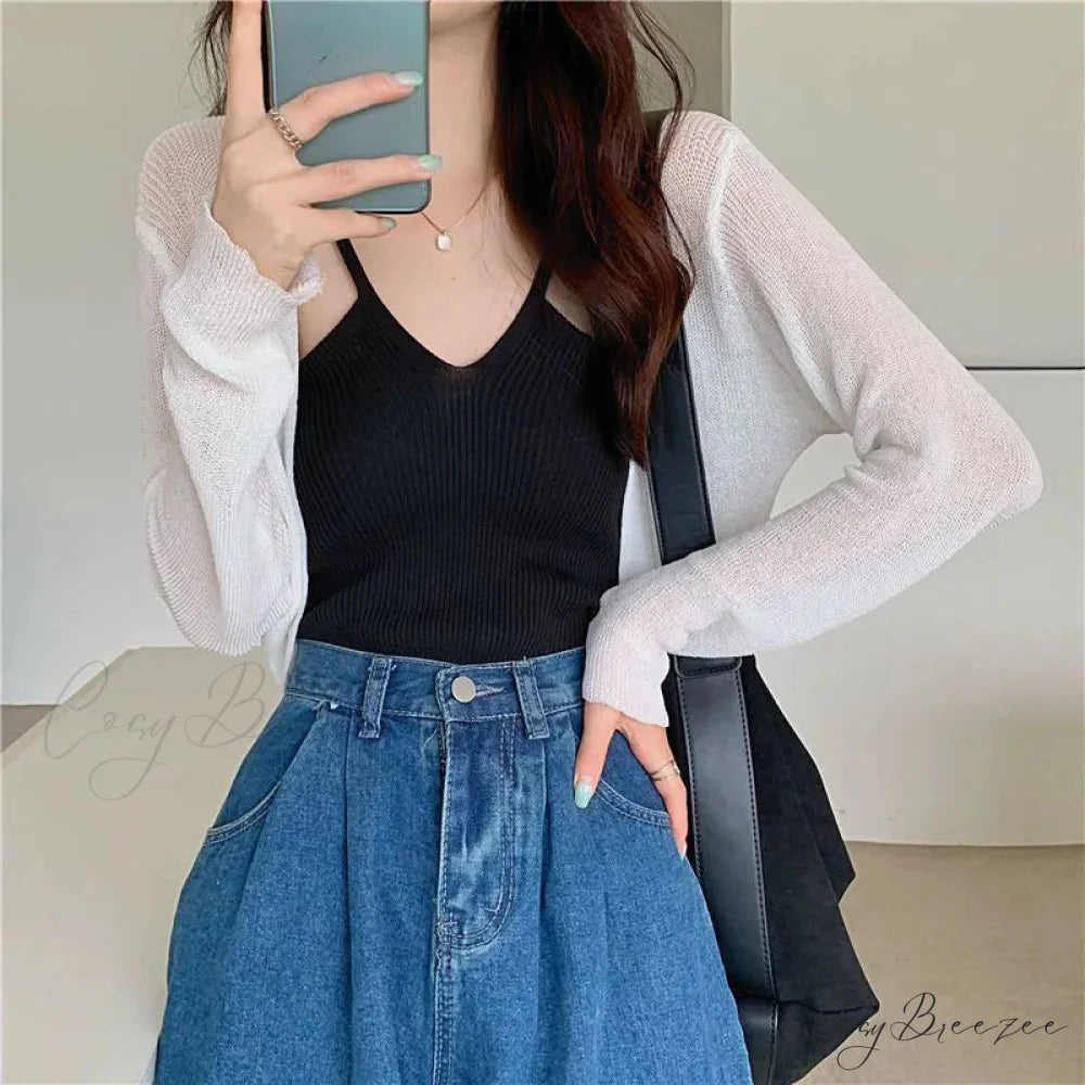 Thin Long Sleeve Sunscreen Cropped Solid Knit Cardigan WHITE / One Size 35-60kg cardiagn-250126