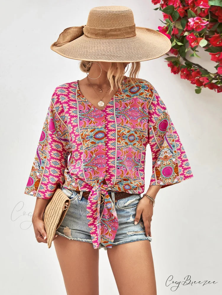 Three-Quarter and V-Neck with Hem Blouse Tie Sleeves