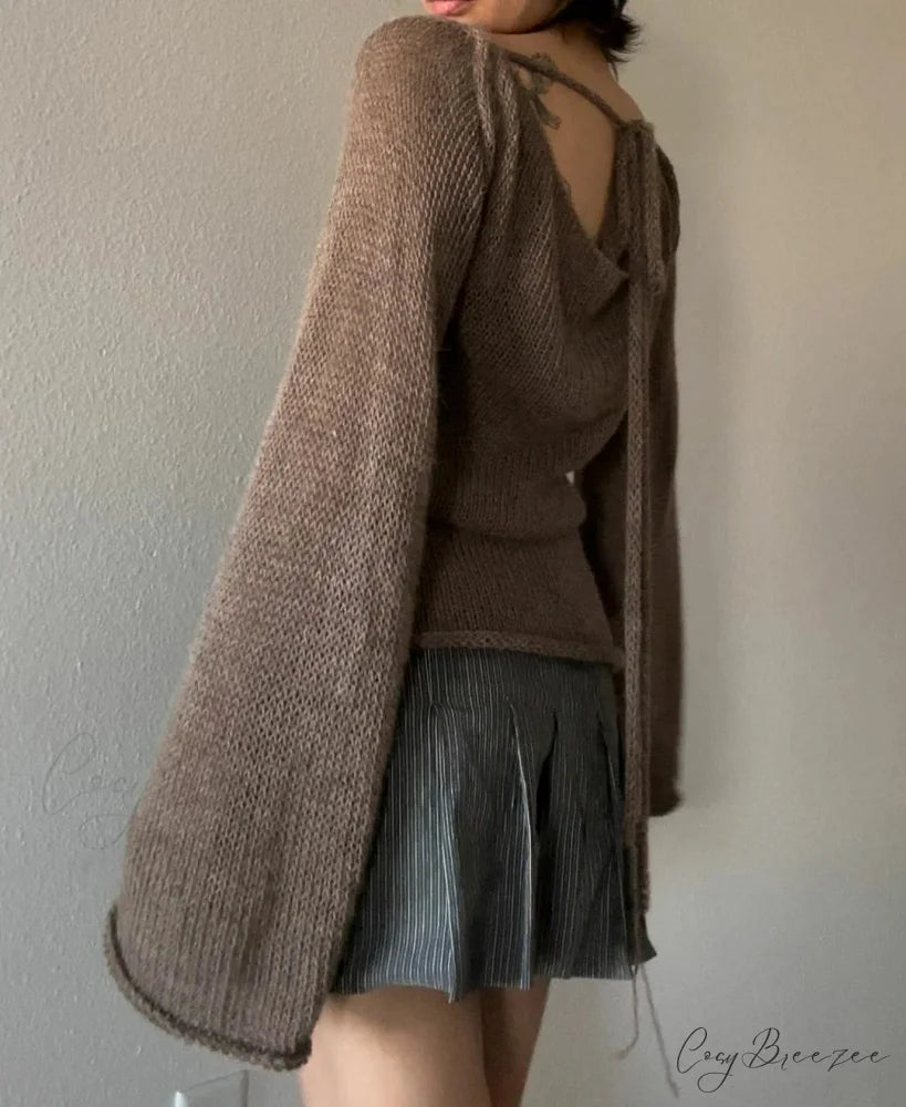 Tie Back Boat Neck Solid Color Sweater swraters-241228