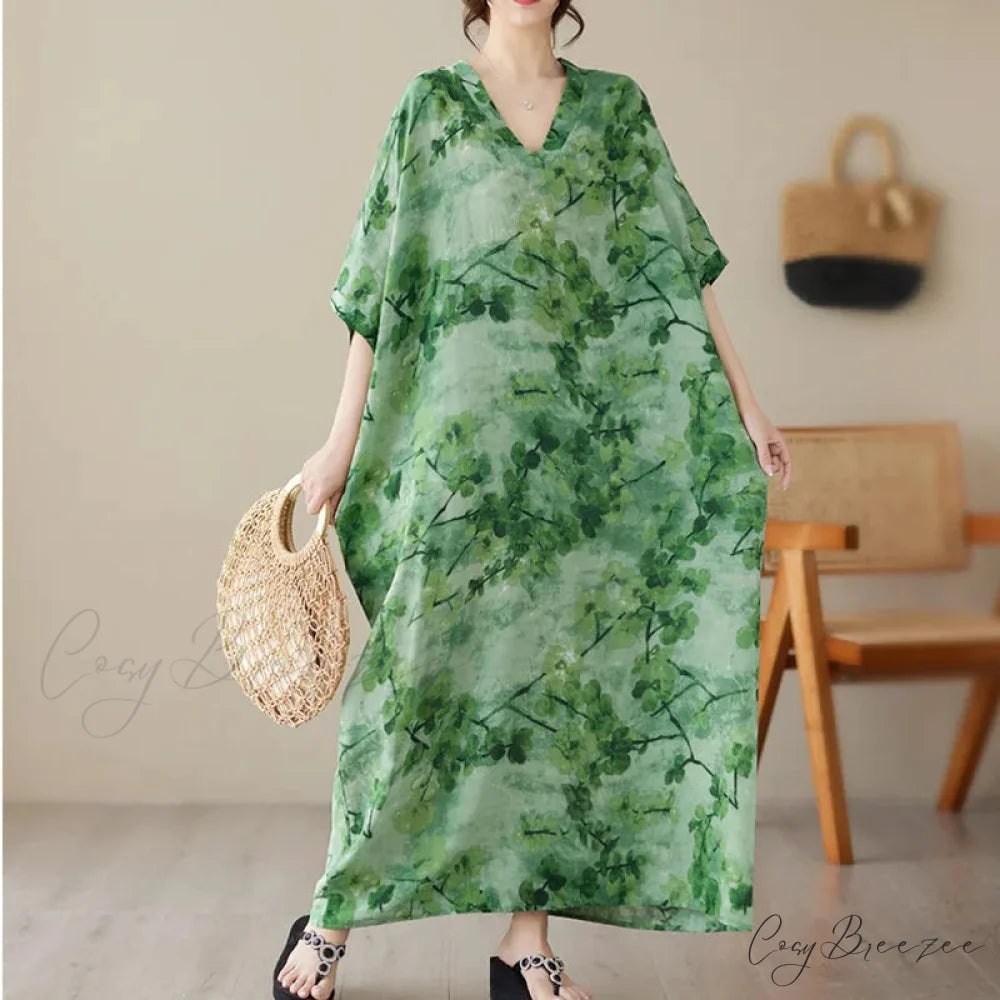 Tie Dye Floral Printed Batwing Sleeve Boho Dress Green / One Size