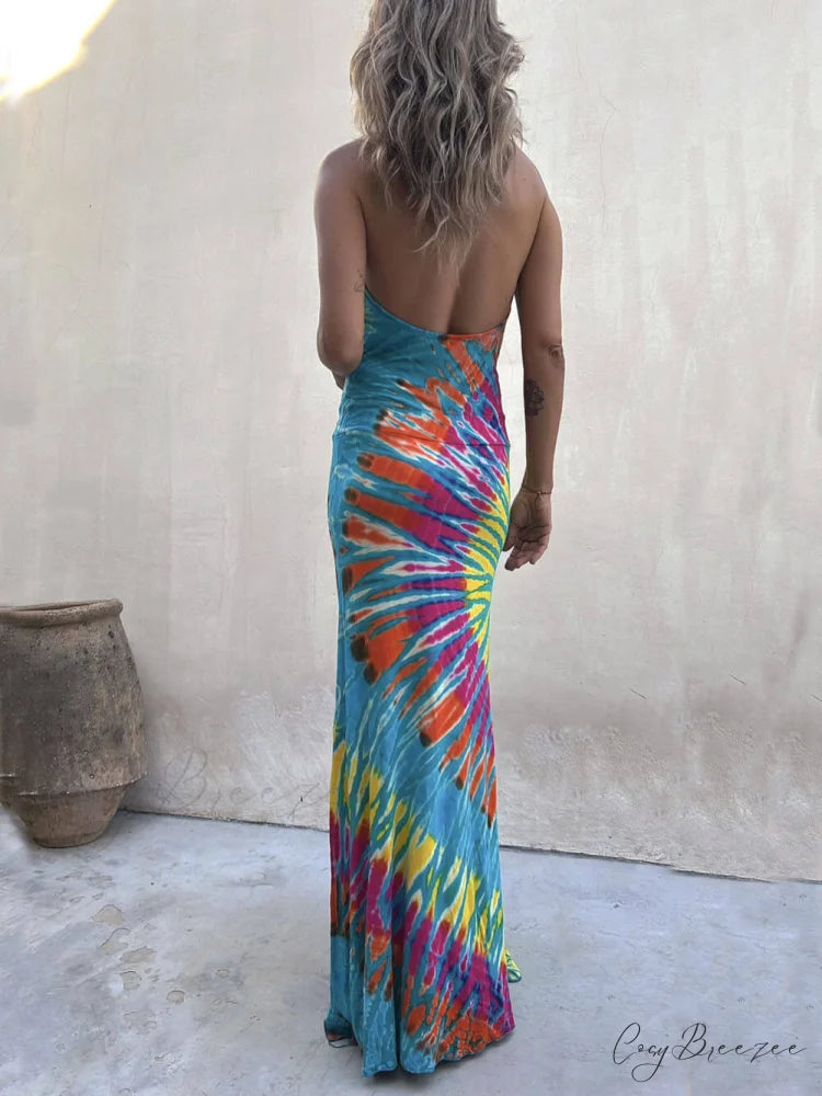Tie-Dye Print Halter Charming Backless Stretch Maxi Dress