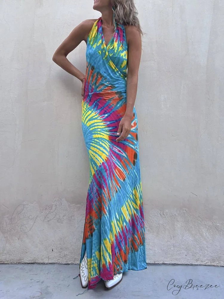 Tie-Dye Print Halter Charming Backless Stretch Maxi Dress Wathet Blue / S