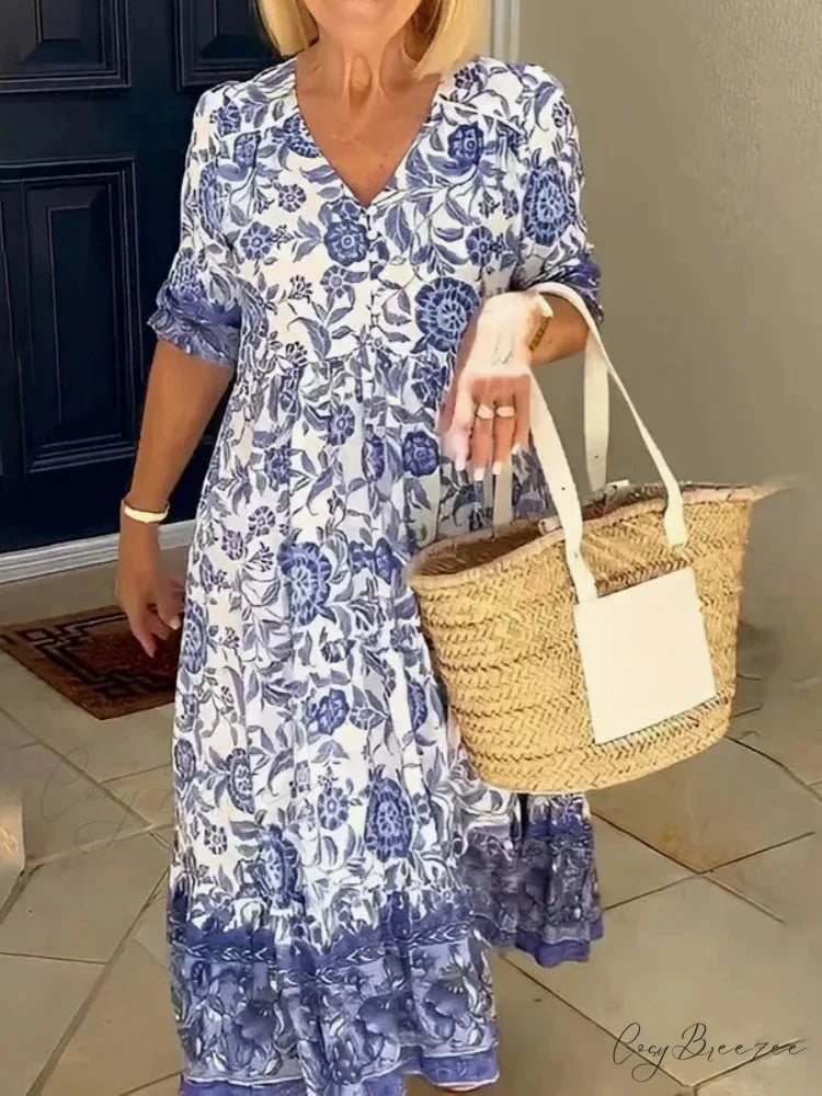 Tie-dye V-neck Floral Dress Plus Size Loose Summer Dress Blue / S oldfloraldress-250126