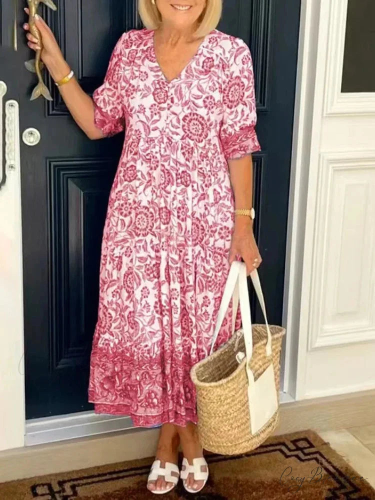 Tie-dye V-neck Floral Dress Plus Size Loose Summer Dress Pink / S oldfloraldress-250126