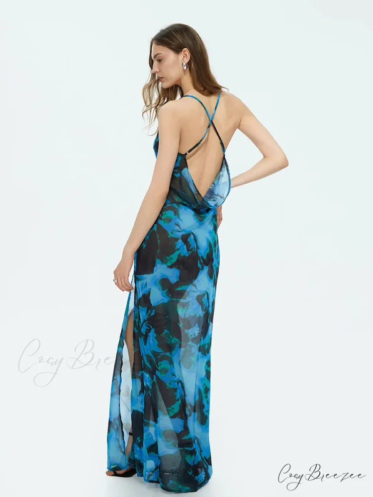 Tie-dyed Suspender Backless Floral Dress floraldress-250126