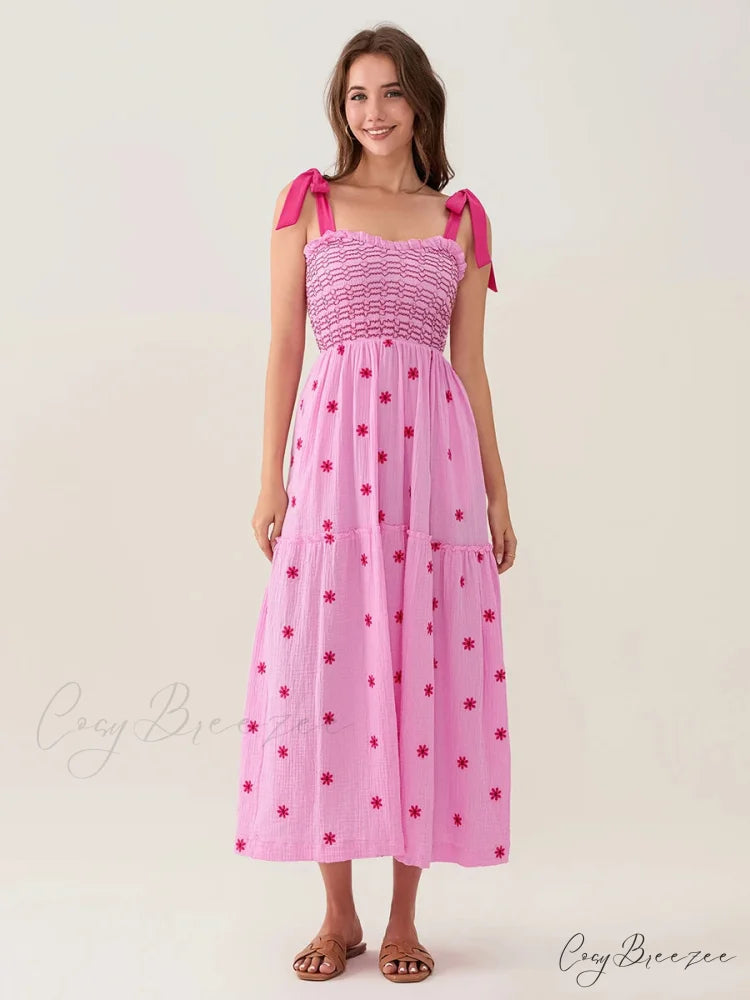 Tie-Shoulder Flowers Tank Tiered Ruffle Sweetheart Dress floraldress-250126