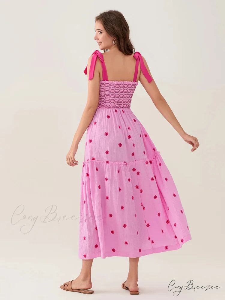 Tie-Shoulder Flowers Tank Tiered Ruffle Sweetheart Dress floraldress-250126