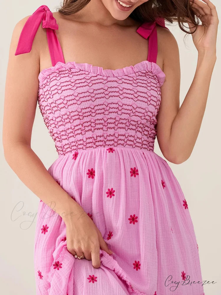 Tie-Shoulder Flowers Tank Tiered Ruffle Sweetheart Dress floraldress-250126