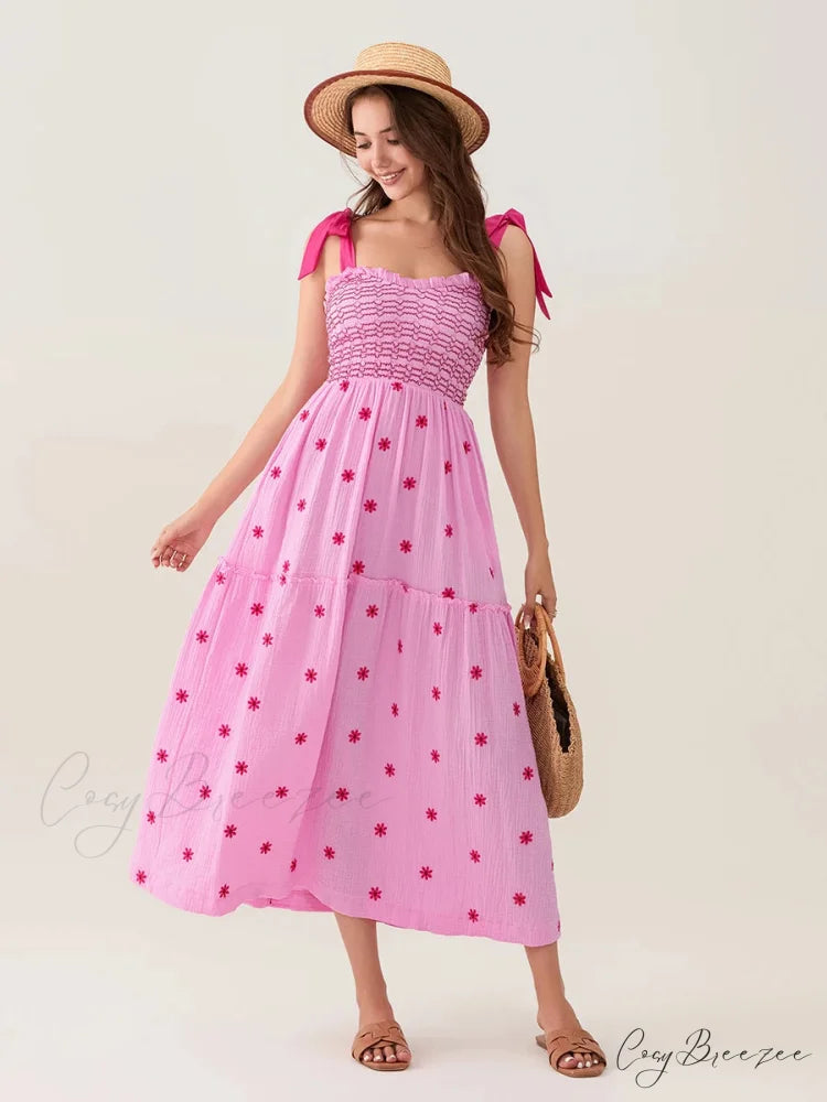 Tie-Shoulder Flowers Tank Tiered Ruffle Sweetheart Dress floraldress-250126
