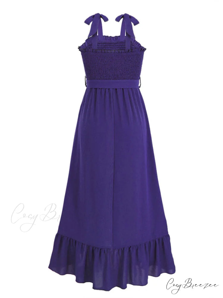 Tie Smock Solid Color Shoulder Slit Ruffle Midi for Gown Women