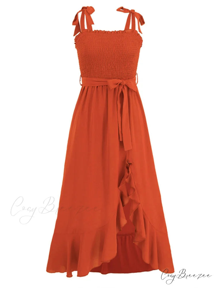 Tie Smock Solid Color Shoulder Slit Ruffle Midi for Gown Women