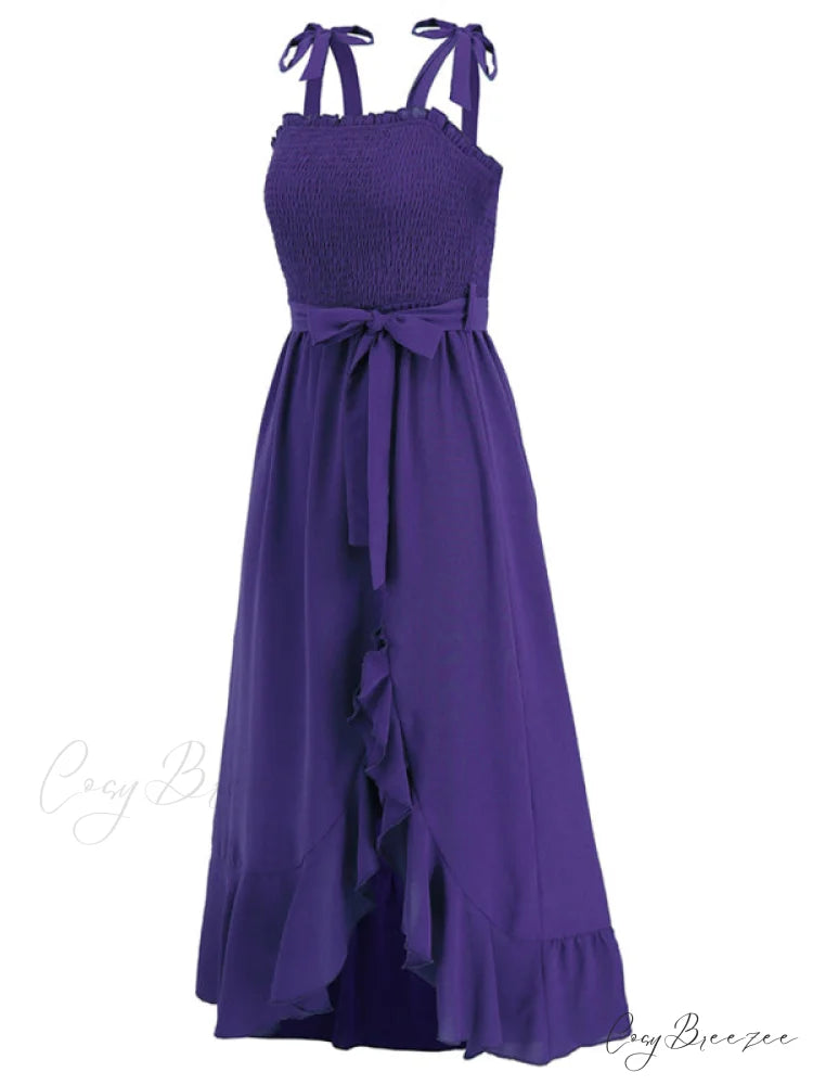 Tie Smock Solid Color Shoulder Slit Ruffle Midi for Gown Women