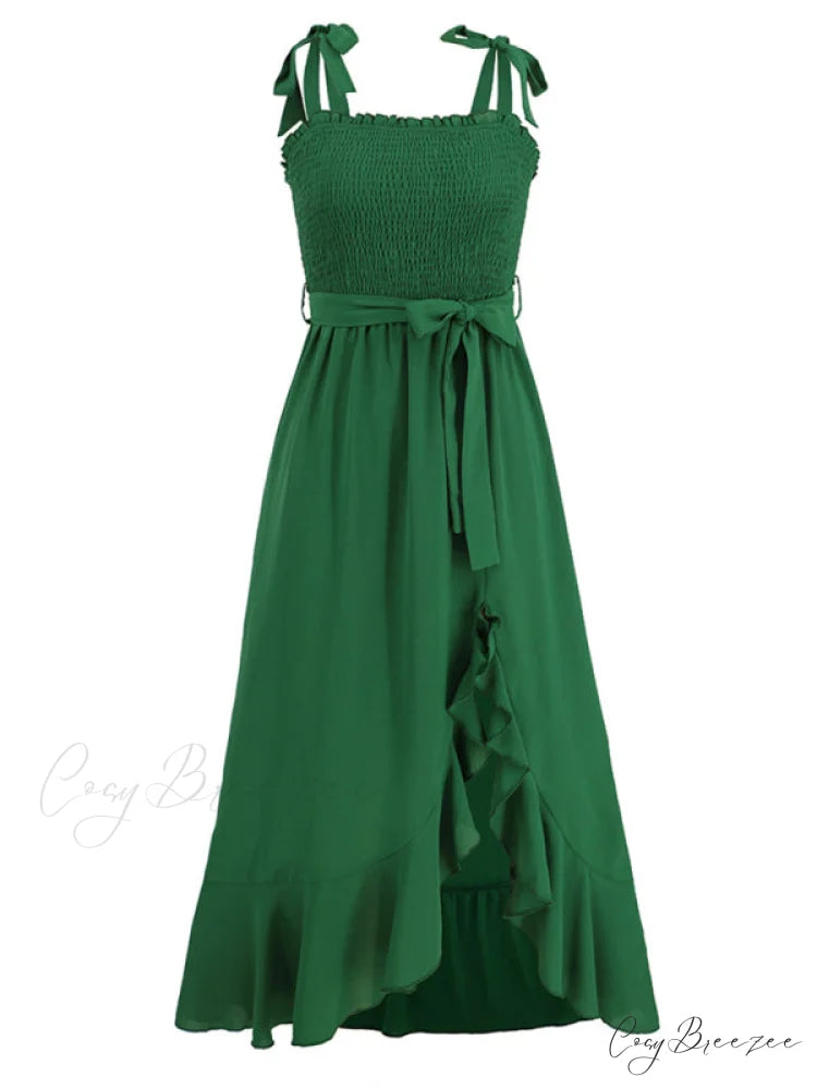 Tie Smock Solid Color Shoulder Slit Ruffle Midi for Gown Women