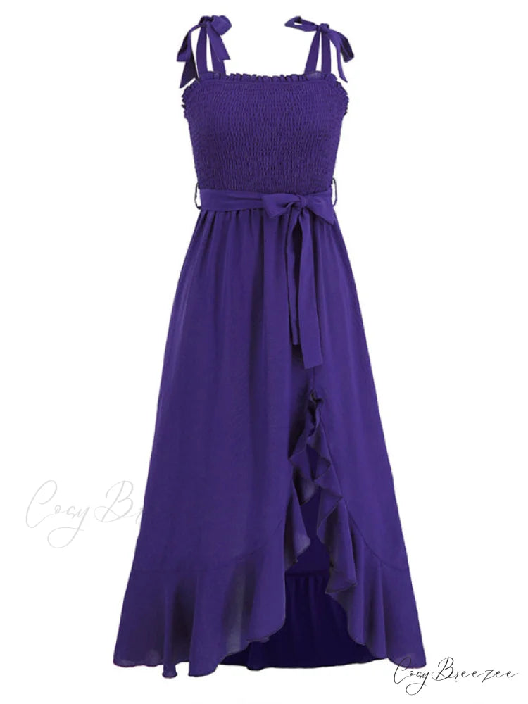 Tie Smock Solid Color Shoulder Slit Ruffle Midi for Gown Women