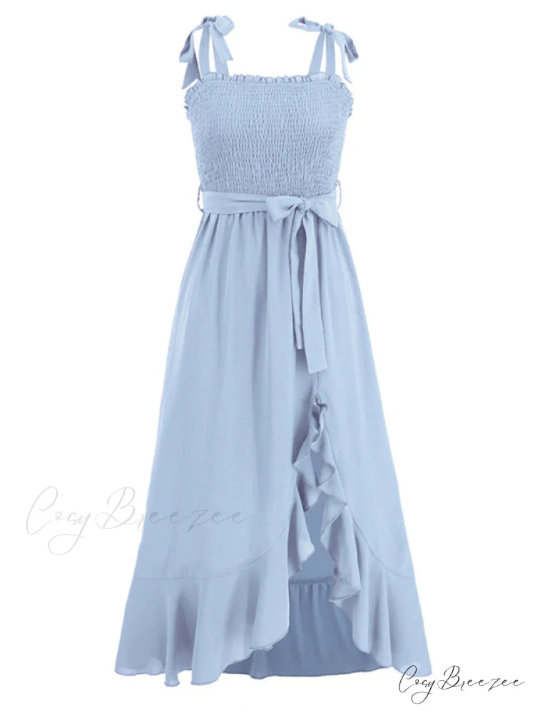 Tie Smock Solid Color Shoulder Slit Ruffle Midi for Gown Women