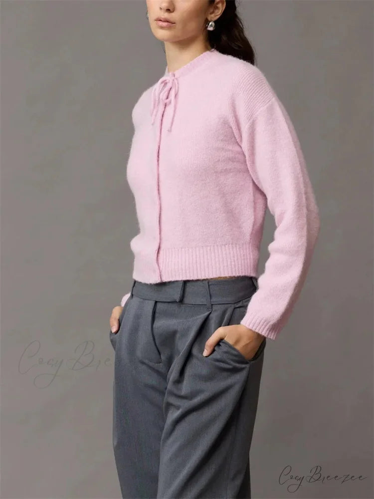 Tie-up Button Plain Knit Cardigan Pink / S cardigans-241228