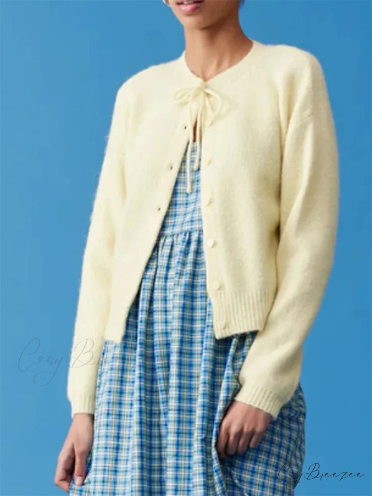 Tie-up Button Plain Knit Cardigan Yellow / S cardigans-241228