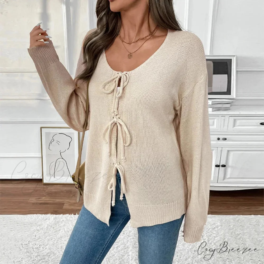 Tie-Up Round Neck Solid Sweater Coat Cardigan APRICOT / S cardiagn-250126