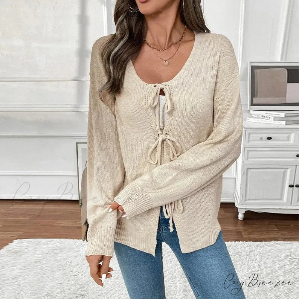 Tie-Up Round Neck Solid Sweater Coat Cardigan cardiagn-250126
