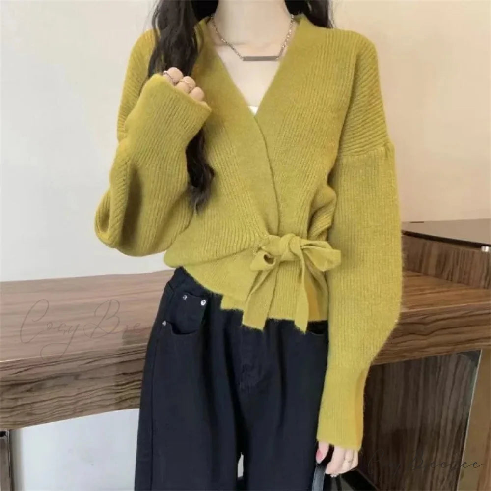 Tie-Up Waist Slimming Knit Cardigan Green / One Size cardigans-241228