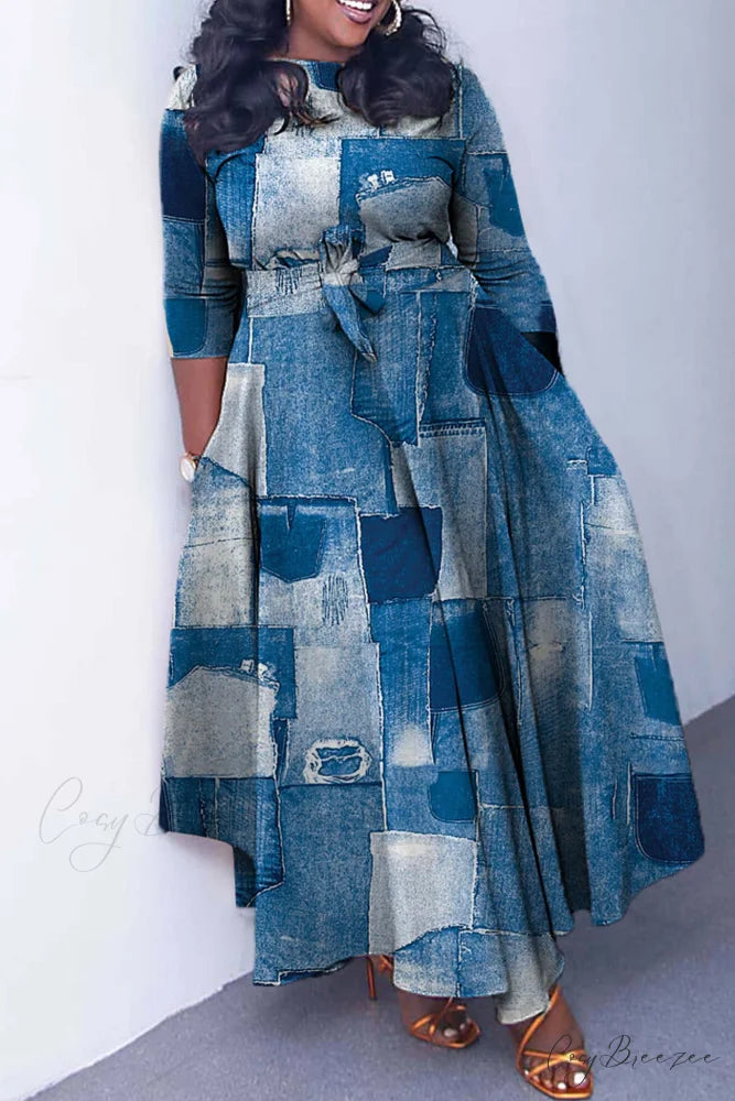 Tie-waist Dress with Print Denim / L