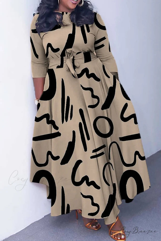 Tie-waist Dress with Print Khaki Letter / L