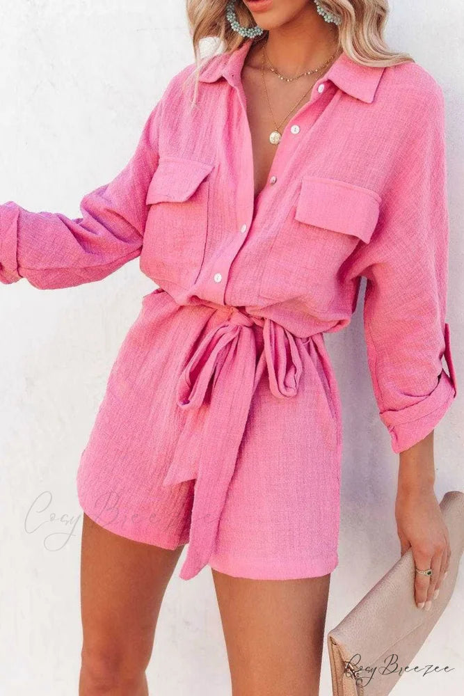 Tie-waist Long Sleeve Shirt Rompers Pink / M