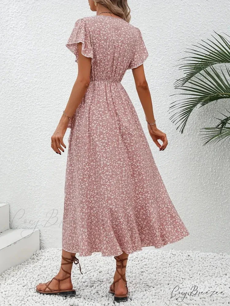Tied Flowered Gown Flutter Surplice Design with Neck Sleeves L / Pink