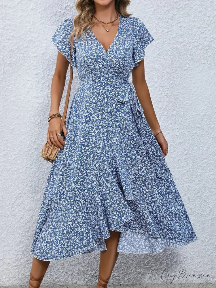 Tied Flowered Gown Flutter Surplice Design with Neck Sleeves S / Red