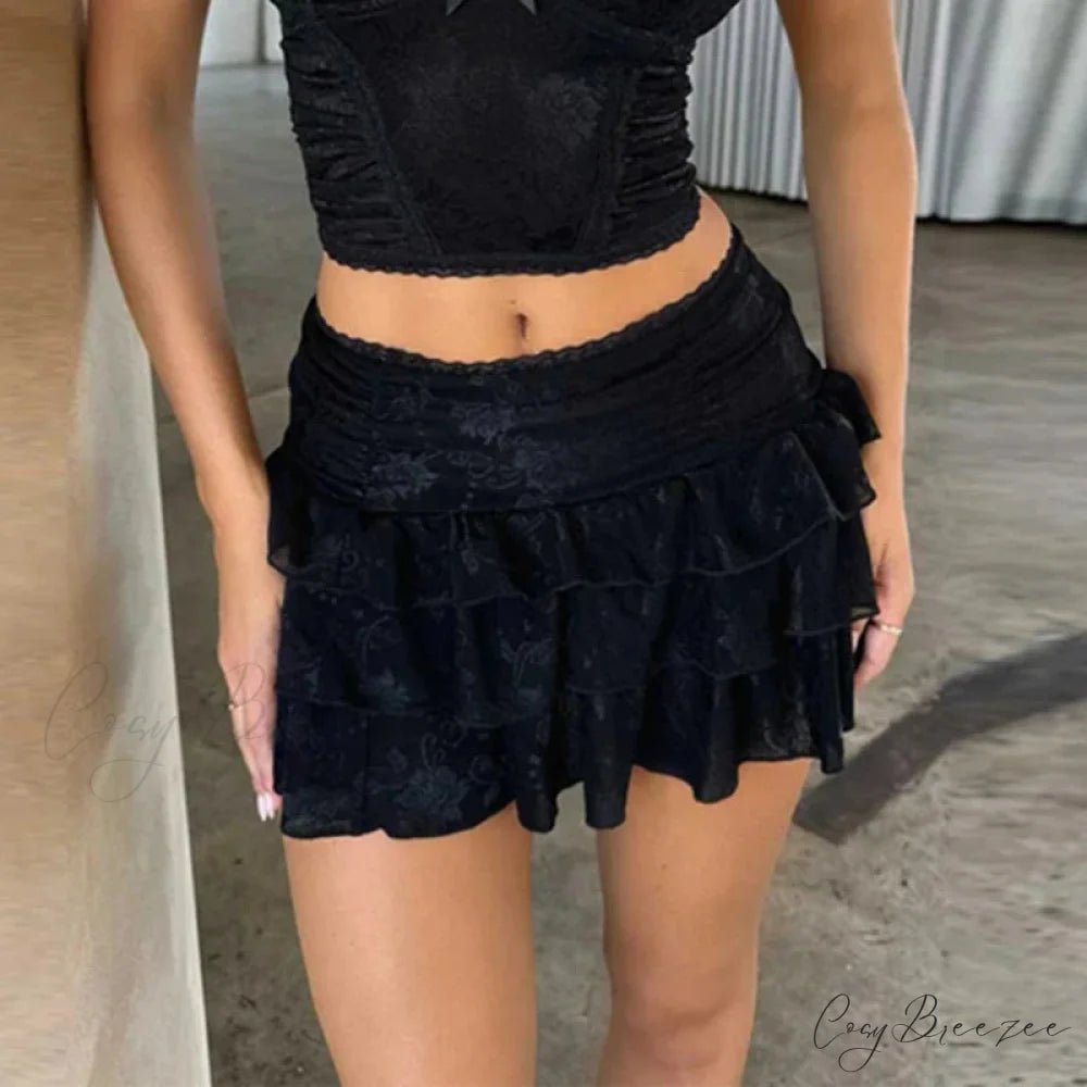 Tiered Floral Lace Mini Skirt Black / S skirts-250223