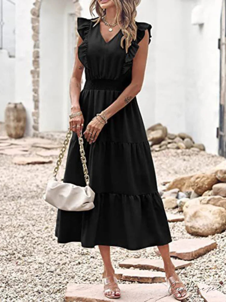 Tiered for Full-Length Flutter Color Chiffon Solid Arm Gown Women