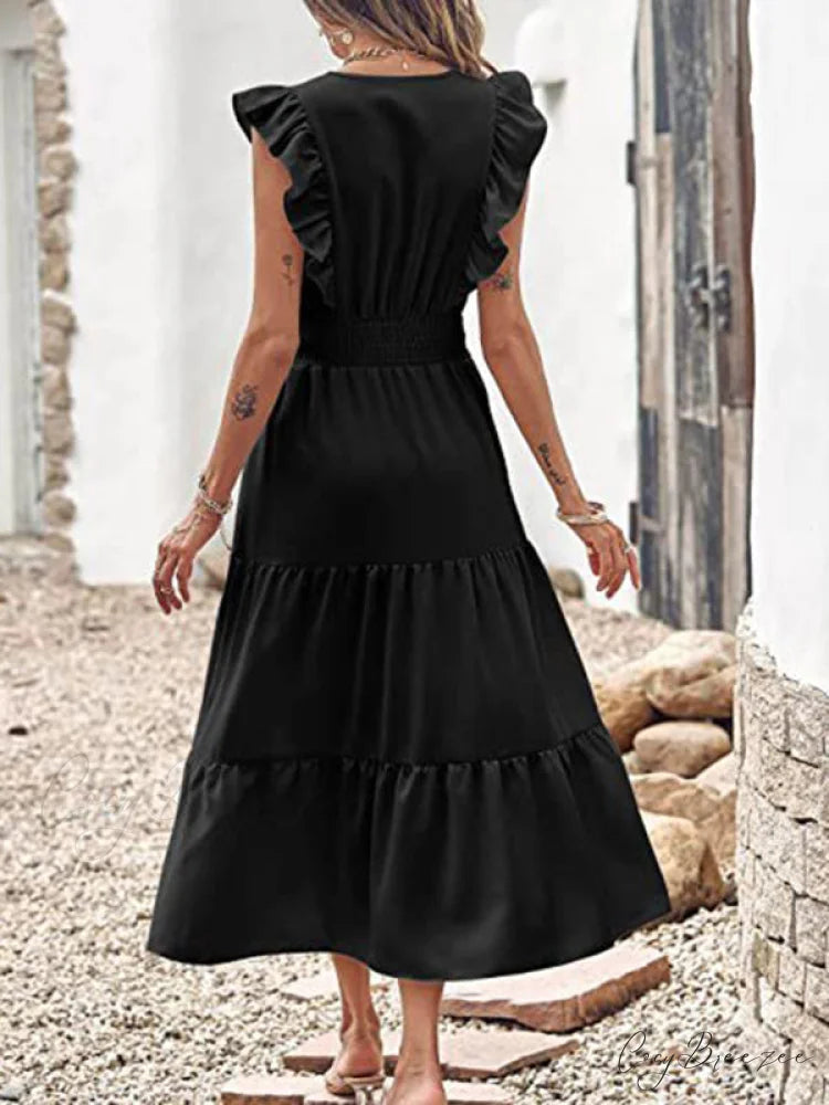 Tiered for Full-Length Flutter Color Chiffon Solid Arm Gown Women