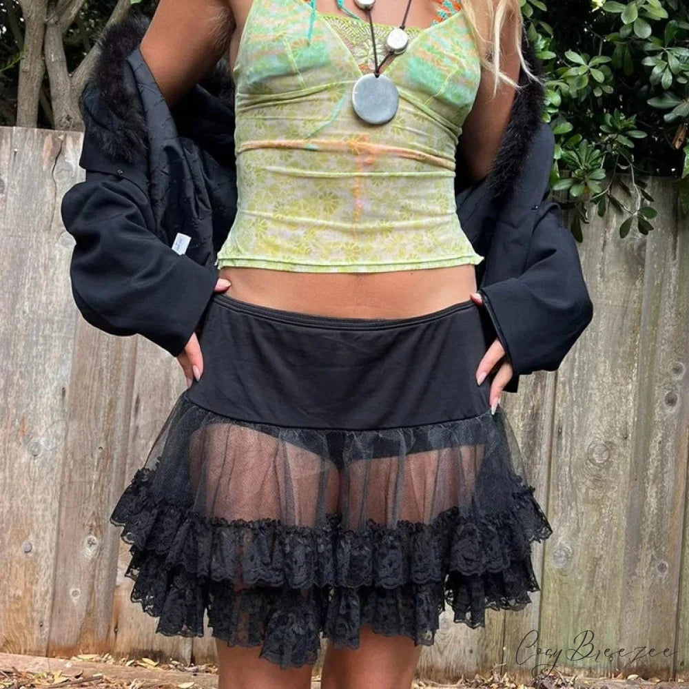 Tiered Lace Flared Vintage Skirt skirts-250223