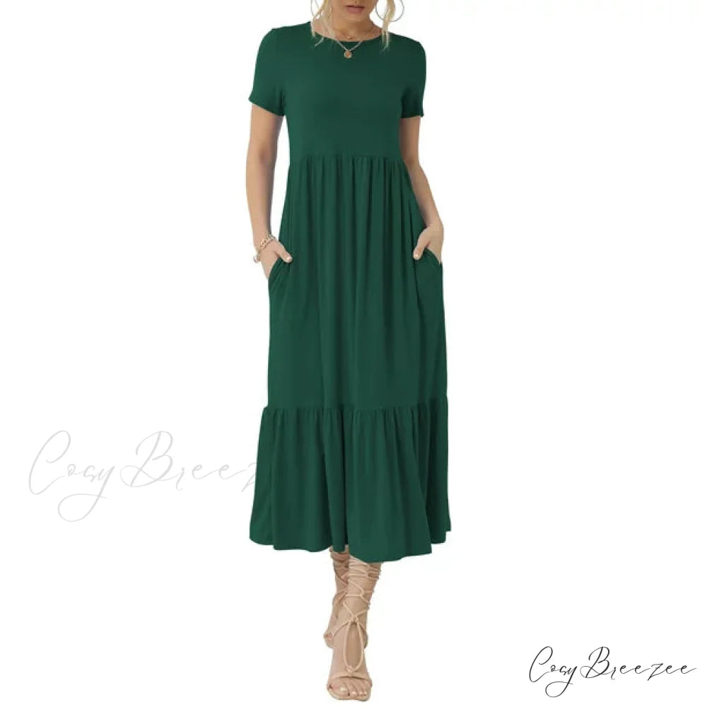 Tiered Maxi Beach Dress with Pockets - Short Sleeve M / Navy