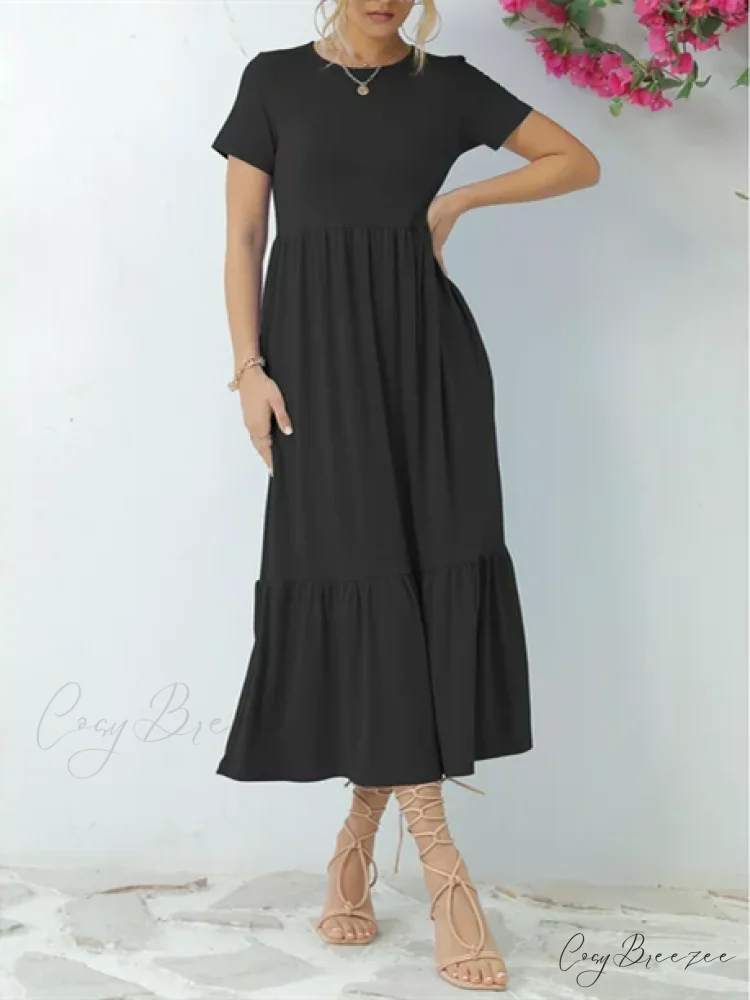 Tiered Maxi Beach Dress with Pockets - Short Sleeve S / Navy