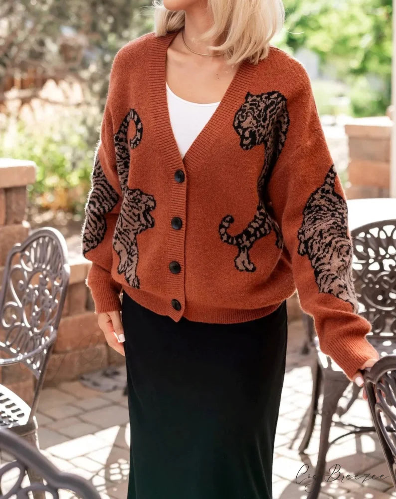 Tiger Print Button-Up Knit Cardigan Beige / S cardigans-241228