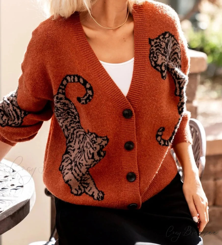 Tiger Print Button-Up Knit Cardigan cardigans-241228